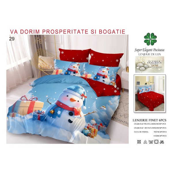 Lenjerie de pat Finet, 6 piese, model de Crăciun, pentru pat dublu LPCF1
