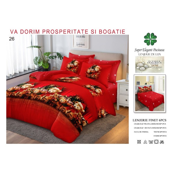 Lenjerie de pat Finet, 6 piese, model de Crăciun, pentru pat dublu LPCF2