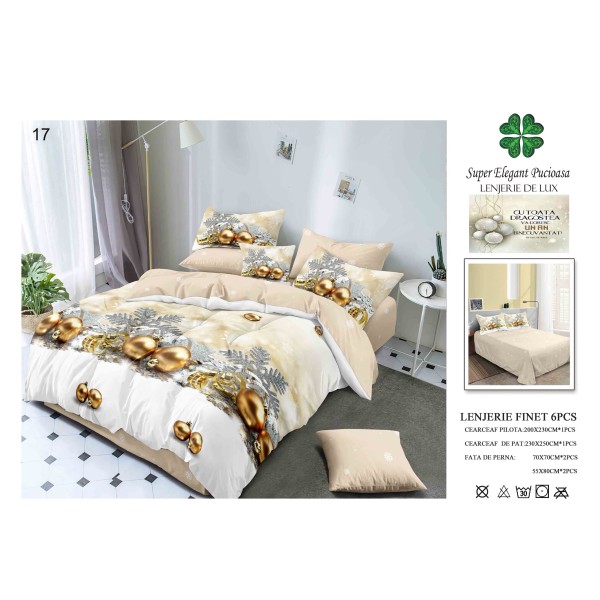 Lenjerie de pat Finet, 6 piese, model de Crăciun, pentru pat dublu LPCF7