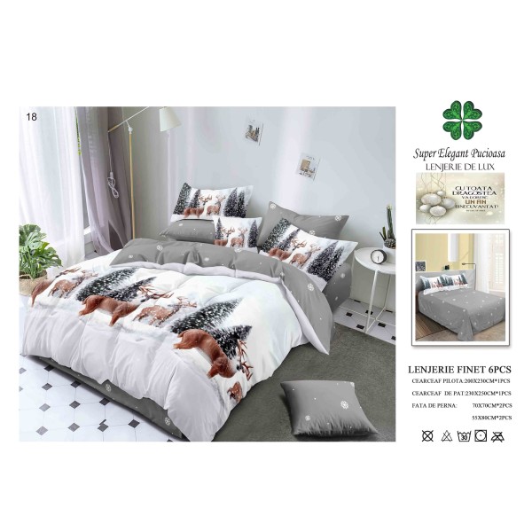 Lenjerie de pat Finet, 6 piese, model de Crăciun, pentru pat dublu LPCF10 Lenjerie de pat Finet, 6 piese, model de Crăciun, pentru pat dublu LPCF10