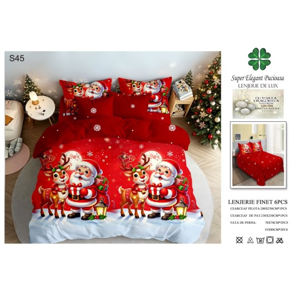 Lenjerie de pat Finet, 6 piese, model de Crăciun, pentru pat dublu LPCF11 Lenjerie de pat Finet, 6 piese, model de Crăciun, pentru pat dublu LPCF11
