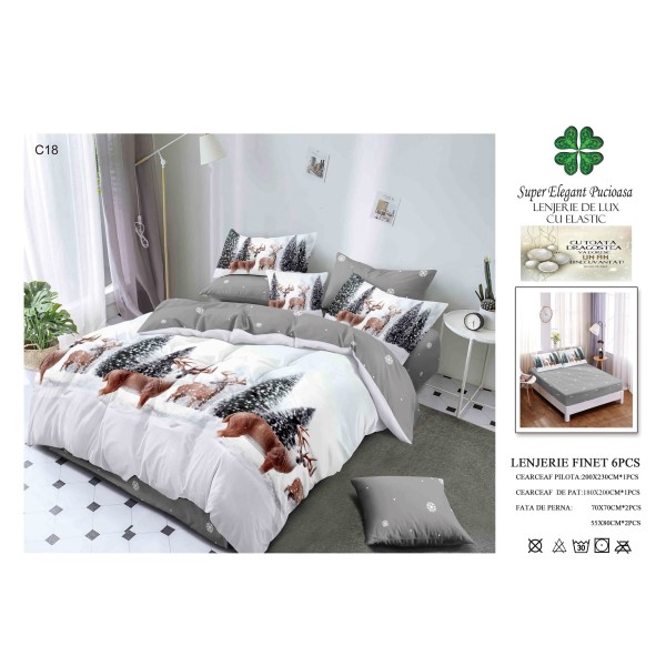 Lenjerie de pat Finet cu elastic, 6 piese, model de Crăciun, 180 × 200 cm LPCF22 Lenjerie de pat Finet cu elastic, 6 piese, model de Crăciun, 180 × 200 cm LPCF22