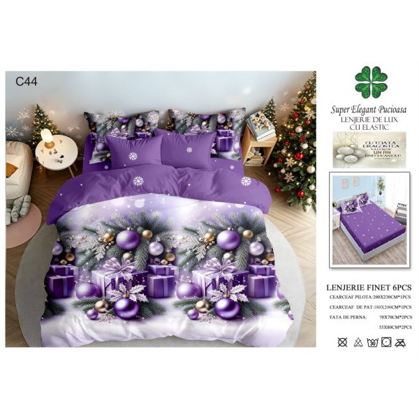 Lenjerie de pat Finet cu elastic, 6 piese, model de Crăciun, 180 × 200 cm LPCF23 Lenjerie de pat Finet cu elastic, 6 piese, model de Crăciun, 180 × 200 cm LPCF23