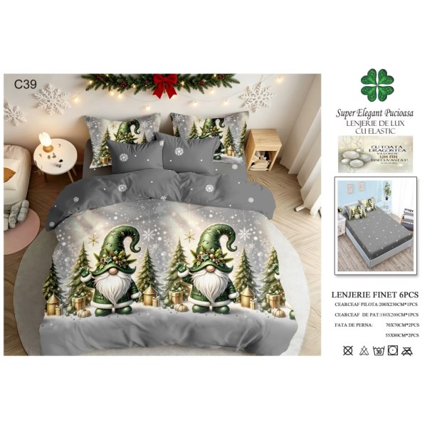 Lenjerie de pat Finet cu elastic, 6 piese, model de Crăciun, 180 × 200 cm LPCF24 Lenjerie de pat Finet cu elastic, 6 piese, model de Crăciun, 180 × 200 cm LPCF24