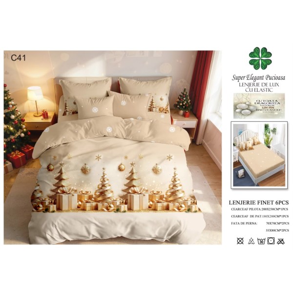 Lenjerie de pat Finet cu elastic, 6 piese, model de Crăciun, 180 × 200 cm LPCF28 Lenjerie de pat Finet cu elastic, 6 piese, model de Crăciun, 180 × 200 cm LPCF28