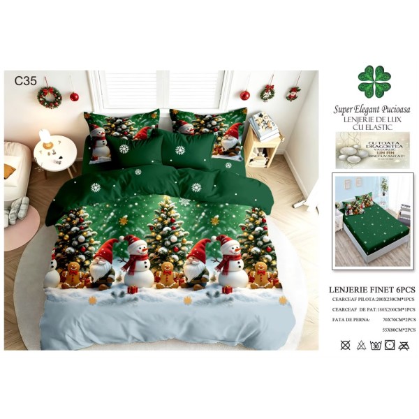 Lenjerie de pat Finet cu elastic, 6 piese, model de Crăciun, 180 × 200 cm LPCF29 Lenjerie de pat Finet cu elastic, 6 piese, model de Crăciun, 180 × 200 cm LPCF29