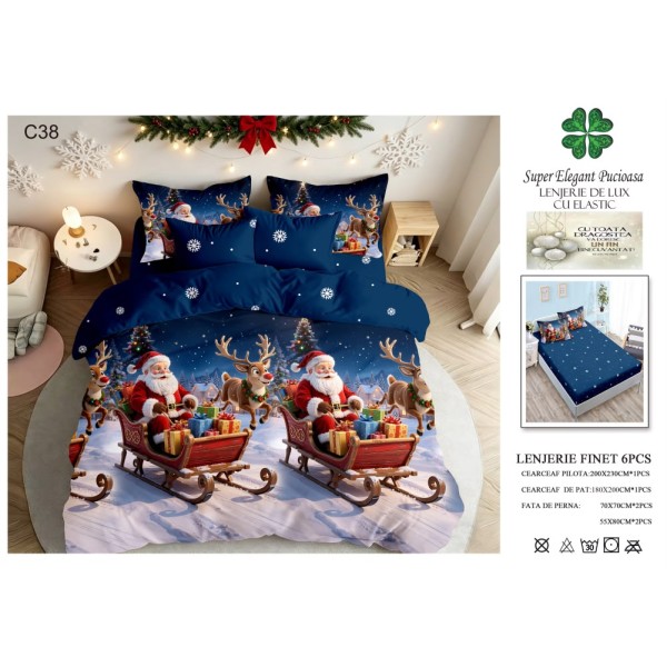 Lenjerie de pat Finet cu elastic, 6 piese, model de Crăciun, 180 × 200 cm LPCF31 Lenjerie de pat Finet cu elastic, 6 piese, model de Crăciun, 180 × 200 cm LPCF31