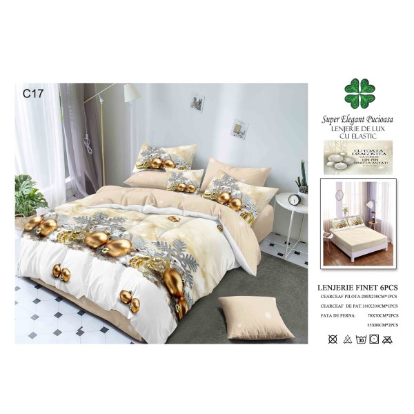 Lenjerie de pat Finet cu elastic, 6 piese, model de Crăciun, 180 × 200 cm LPCF33 Lenjerie de pat Finet cu elastic, 6 piese, model de Crăciun, 180 × 200 cm LPCF33