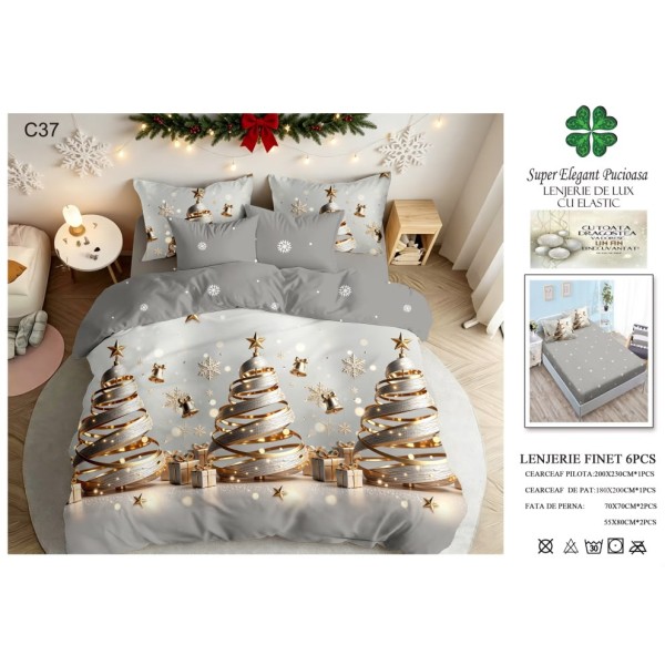 Lenjerie de pat Finet cu elastic, 6 piese, model de Crăciun, 180 × 200 cm LPCF34 Lenjerie de pat Finet cu elastic, 6 piese, model de Crăciun, 180 × 200 cm LPCF34