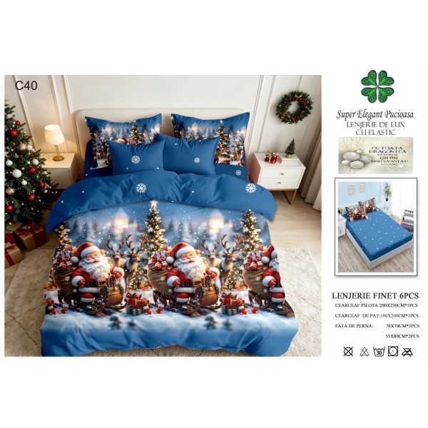 Lenjerie de pat Finet cu elastic, 6 piese, model de Crăciun, 180 × 200 cm LPCF35 Lenjerie de pat Finet cu elastic, 6 piese, model de Crăciun, 180 × 200 cm LPCF35