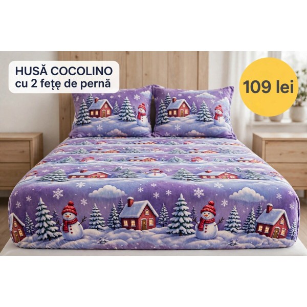 Husă de pat Cocolino cu elastic și 2 fețe de pernă, model de Crăciun HCCY1 Husă de pat Cocolino cu elastic și 2 fețe de pernă, model de Crăciun HCCY1