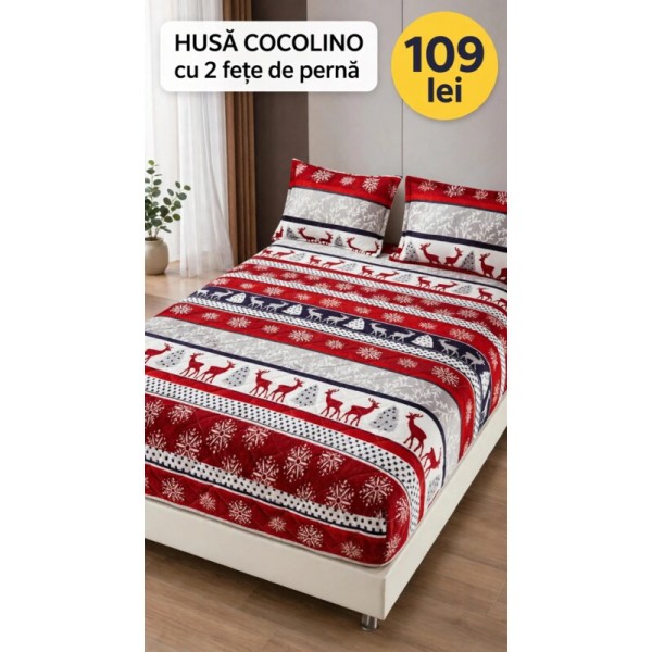Husă de pat Cocolino cu elastic și 2 fețe de pernă, model de Crăciun HCCY2 Husă de pat Cocolino cu elastic și 2 fețe de pernă, model de Crăciun HCCY2