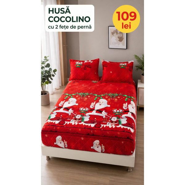 Husă de pat Cocolino cu elastic și 2 fețe de pernă, model de Crăciun HCCY3 Husă de pat Cocolino cu elastic și 2 fețe de pernă, model de Crăciun HCCY3