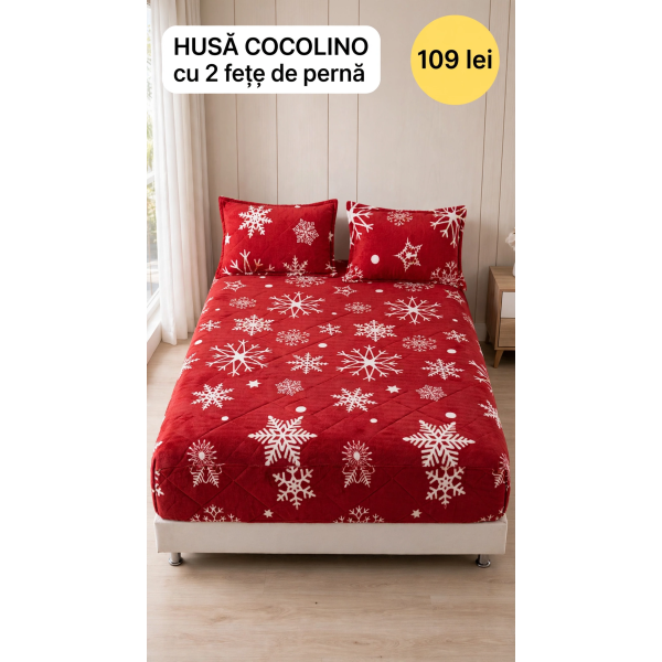 Husă de pat Cocolino cu elastic și 2 fețe de pernă, model de Crăciun HCCY4 Husă de pat Cocolino cu elastic și 2 fețe de pernă, model de Crăciun HCCY4