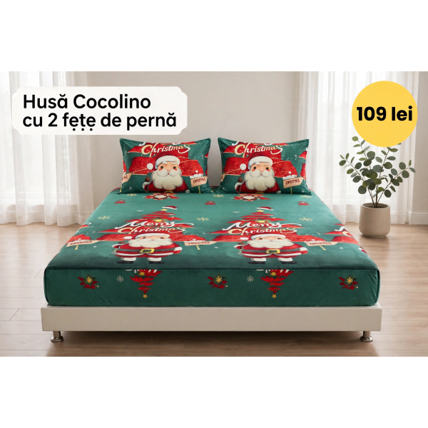 Husă de pat Cocolino cu elastic și 2 fețe de pernă, model de Crăciun HCCY5 Husă de pat Cocolino cu elastic și 2 fețe de pernă, model de Crăciun HCCY5