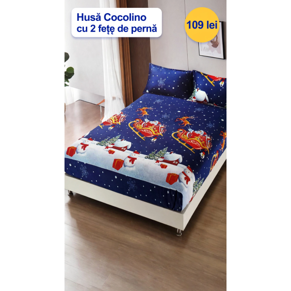 Husă de pat Cocolino cu elastic și 2 fețe de pernă, model de Crăciun HCCY6 Husă de pat Cocolino cu elastic și 2 fețe de pernă, model de Crăciun HCCY6