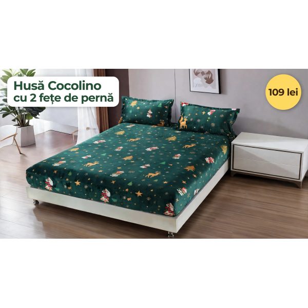 Husă de pat Cocolino cu elastic și 2 fețe de pernă, model de Crăciun HCCY7 Husă de pat Cocolino cu elastic și 2 fețe de pernă, model de Crăciun HCCY7
