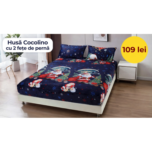 Husă de pat Cocolino cu elastic și 2 fețe de pernă, model de Crăciun HCCY8 Husă de pat Cocolino cu elastic și 2 fețe de pernă, model de Crăciun HCCY8