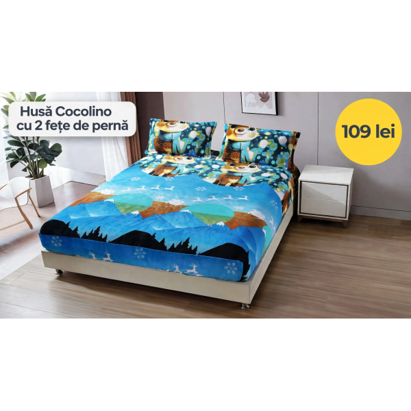 Husă de pat Cocolino cu elastic și 2 fețe de pernă, model de Crăciun HCCY9 Husă de pat Cocolino cu elastic și 2 fețe de pernă, model de Crăciun HCCY9