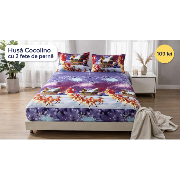 Husă de pat Cocolino cu elastic și 2 fețe de pernă, model de Crăciun HCCY10 Husă de pat Cocolino cu elastic și 2 fețe de pernă, model de Crăciun HCCY10