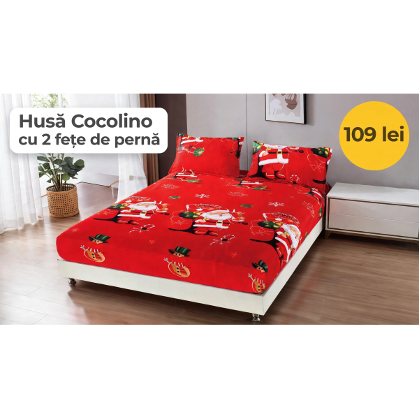 Husă de pat Cocolino cu elastic și 2 fețe de pernă, model de Crăciun HCCY11 Husă de pat Cocolino cu elastic și 2 fețe de pernă, model de Crăciun HCCY11