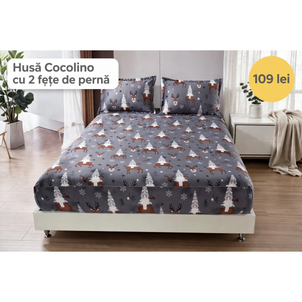 Husă de pat Cocolino cu elastic și 2 fețe de pernă, model de Crăciun HCCY12 Husă de pat Cocolino cu elastic și 2 fețe de pernă, model de Crăciun HCCY12
