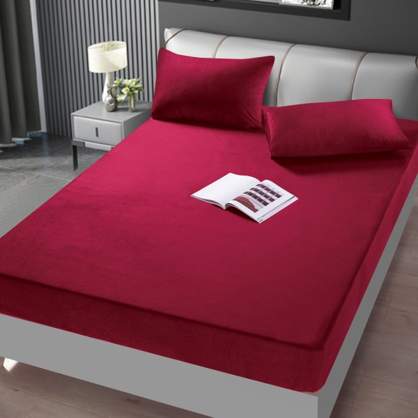 Husa de pat din Catifea cu Elastic cu 2 fete de perna 180x200 BORDO HSCJ08