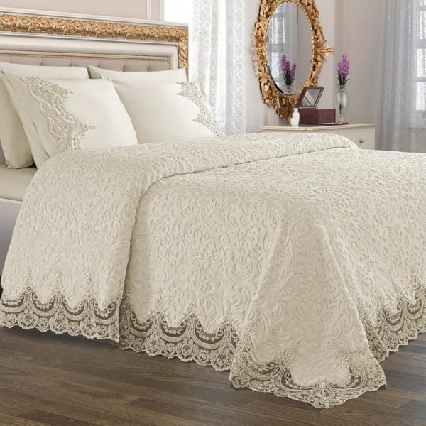 Cuvertura de lux cu broderie eleganta, 6 piese, pat 2 persoane, crem, CL6PL1 Cuvertura de lux cu broderie eleganta, 6 piese, pat 2 persoane, crem, CL6PL1