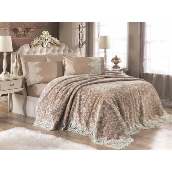 Cuvertura de lux cu broderie eleganta, 6 piese, pat 2 persoane, CAPPUCINO, CL6PL5 Cuvertura de lux cu broderie eleganta, 6 piese, pat 2 persoane, CAPPUCINO, CL6PL5