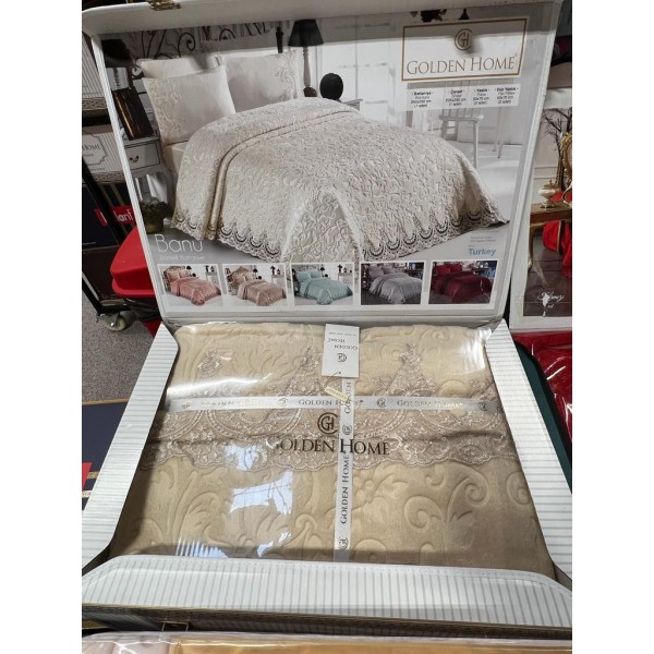 Cuvertura de lux cu broderie eleganta, 6 piese, pat 2 persoane, crem, CL6PL1 Cuvertura de lux cu broderie eleganta, 6 piese, pat 2 persoane, crem, CL6PL1