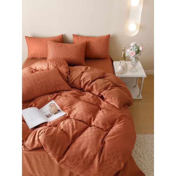 Lenjerie pat dublu, JACQUARD FINETAT, 6 piese, Jojo Home, Maro-caramiziu