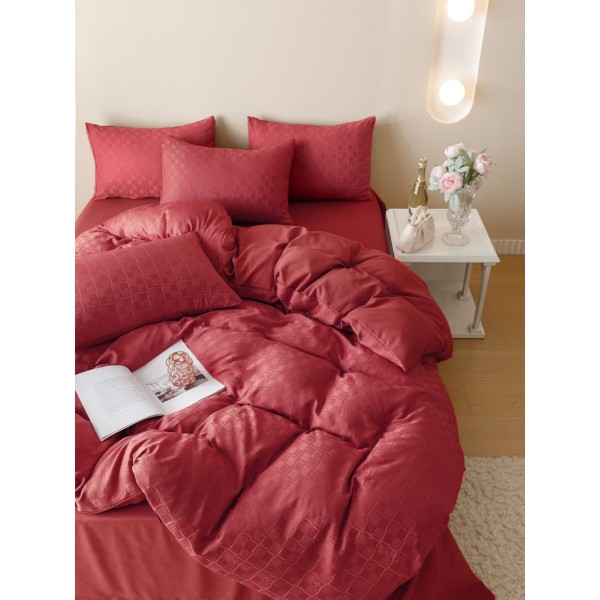Lenjerie pat dublu, JACQUARD FINETAT, 6 piese, Jojo Home, Rosu