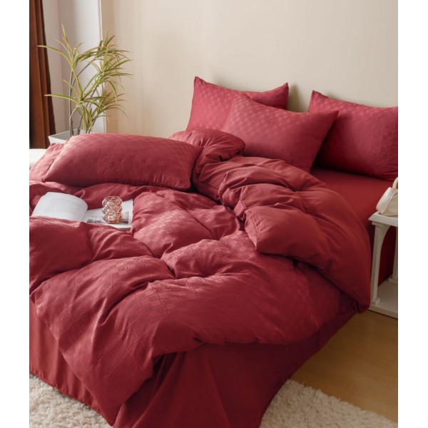 Lenjerie pat dublu, JACQUARD FINETAT, 6 piese, Jojo Home, Rosu