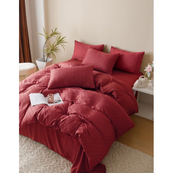 Lenjerie pat dublu, JACQUARD FINETAT, 6 piese, Jojo Home, Rosu