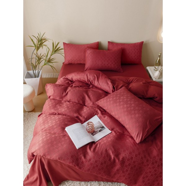 Lenjerie pat dublu, JACQUARD FINETAT, 6 piese, Jojo Home, Rosu