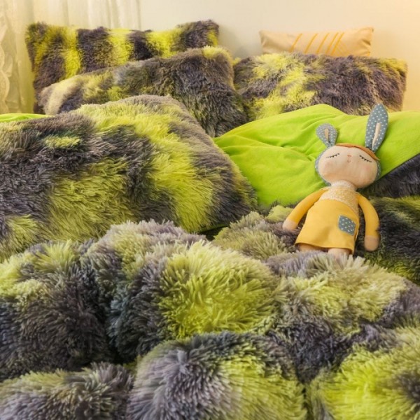 Lenjerie De Pat Pufoasa FLUFFY - Gri & Verde