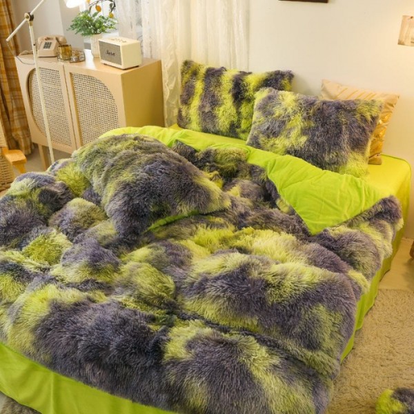 Lenjerie De Pat Pufoasa FLUFFY - Gri & Verde